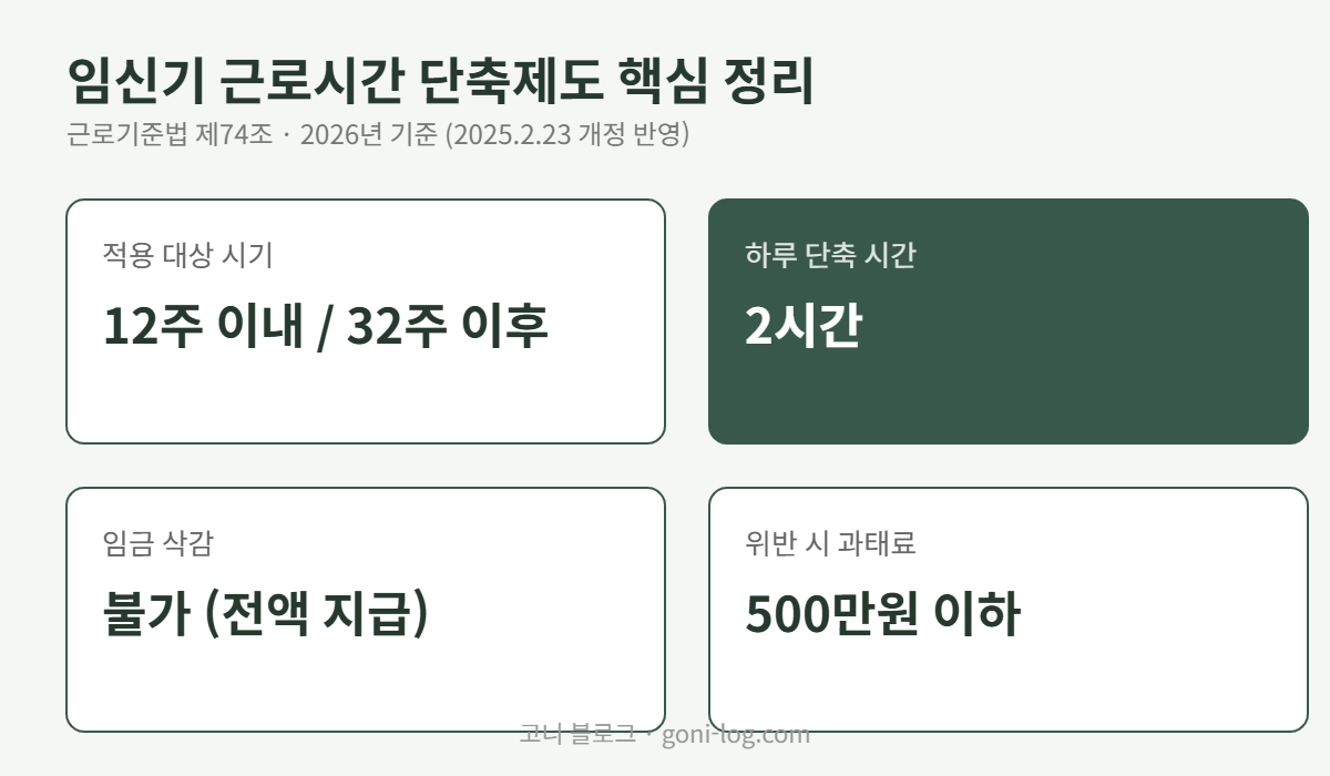 임신기 근로시간 단축제도 핵심 정리 - 적용대상 12주 이내 32주 이후, 하루 2시간 단축, 임금 삭감 불가, 위반시 과태료 500만원 이하