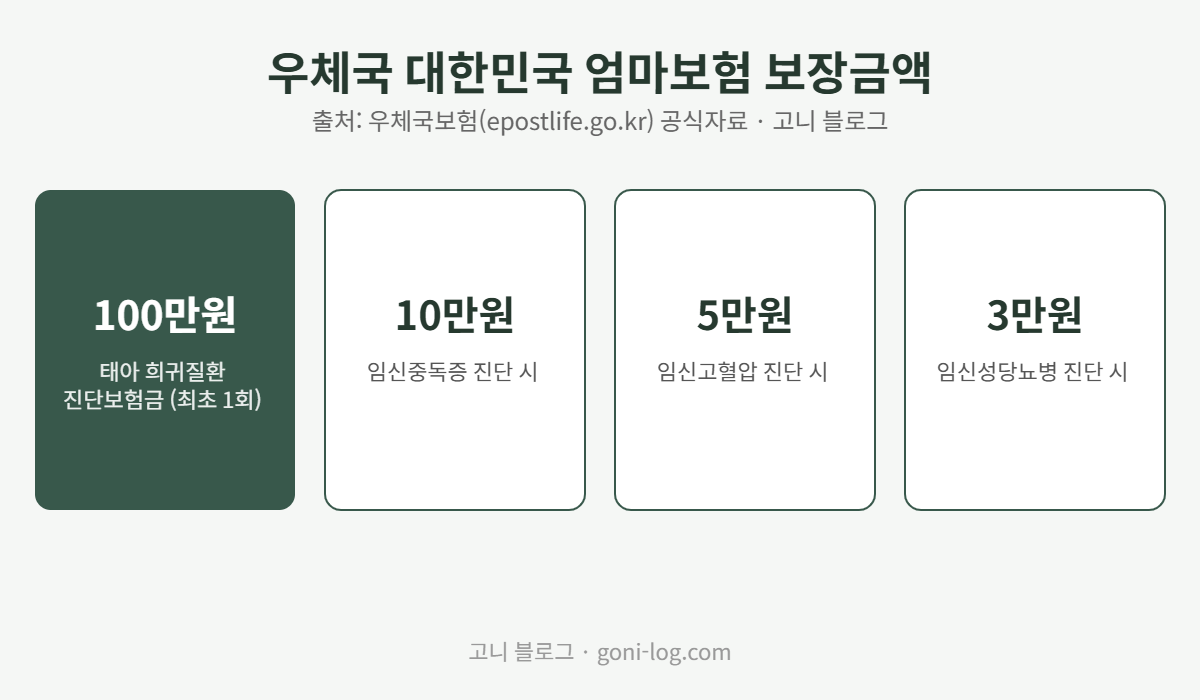 우체국 대한민국 엄마보험 보장금액 안내 - 태아 희귀질환 진단보험금 100만원, 임신중독증 10만원, 임신고혈압 5만원, 임신성당뇨병 3만원